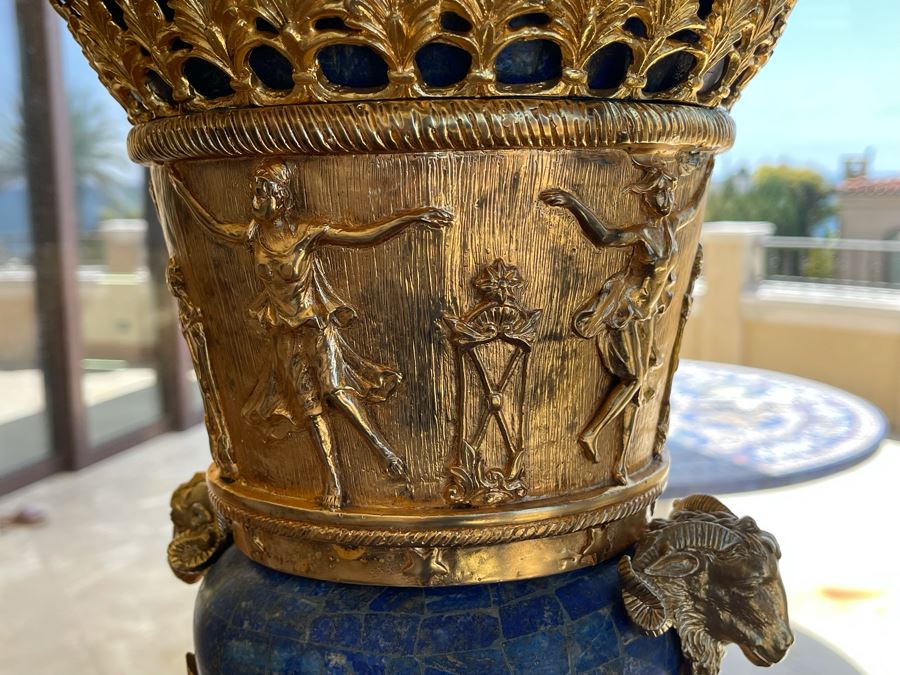 Pair Of Gilt Metal And Lapis Lazuli Decorative Urns With Figural Rams Head Decoration 12W X 27H [Photo 12]