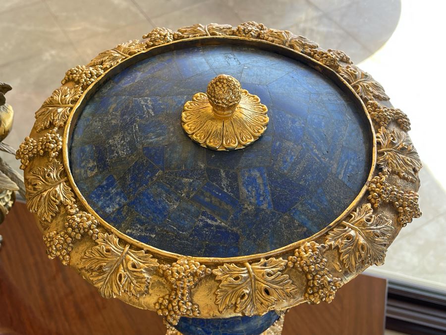 Pair Of Gilt Metal And Lapis Lazuli Decorative Urns With Figural Rams Head Decoration 12W X 27H [Photo 14]