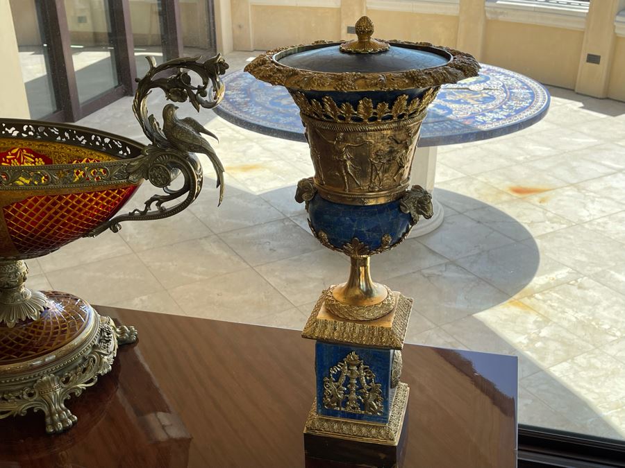 Pair Of Gilt Metal And Lapis Lazuli Decorative Urns With Figural Rams Head Decoration 12W X 27H [Photo 6]