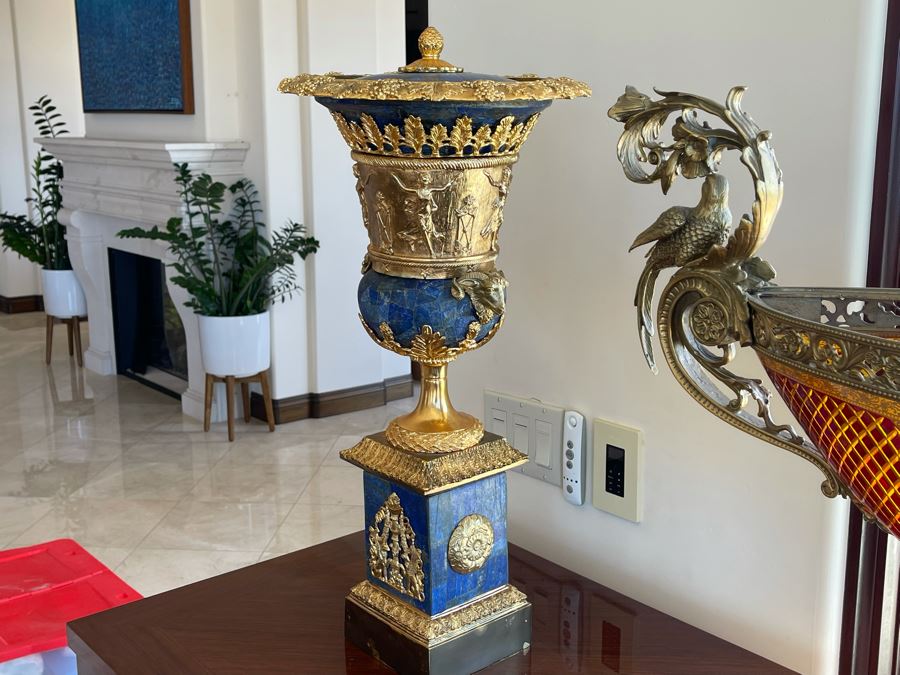Pair Of Gilt Metal And Lapis Lazuli Decorative Urns With Figural Rams Head Decoration 12W X 27H [Photo 3]