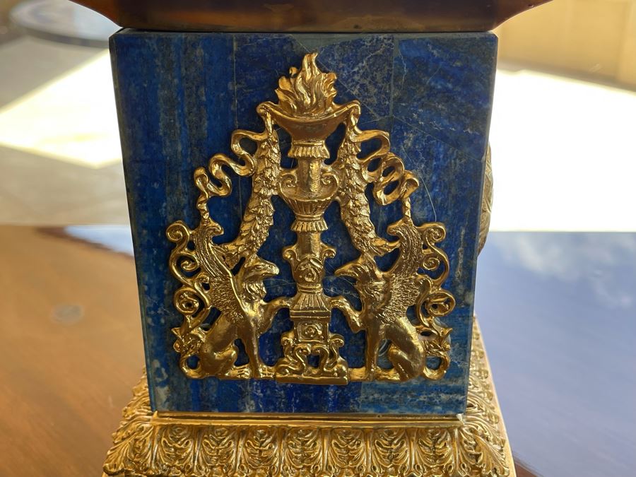 Pair Of Gilt Metal And Lapis Lazuli Decorative Urns With Figural Rams Head Decoration 12W X 27H [Photo 9]