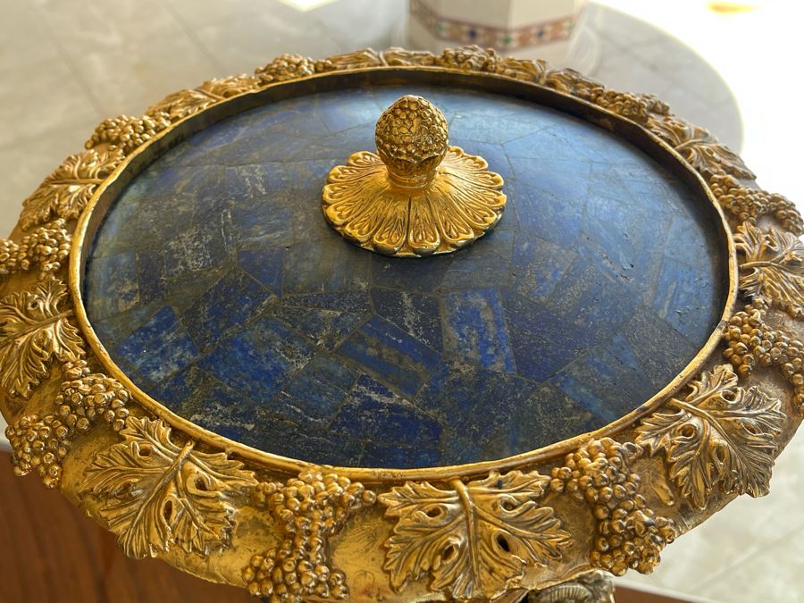 Pair Of Gilt Metal And Lapis Lazuli Decorative Urns With Figural Rams Head Decoration 12W X 27H [Photo 13]