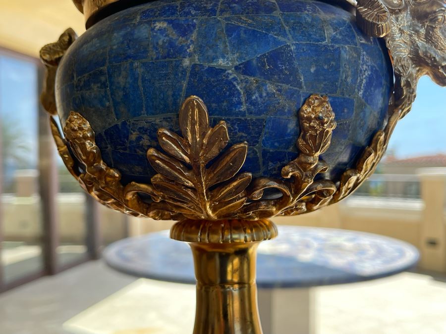 Pair Of Gilt Metal And Lapis Lazuli Decorative Urns With Figural Rams Head Decoration 12W X 27H [Photo 11]