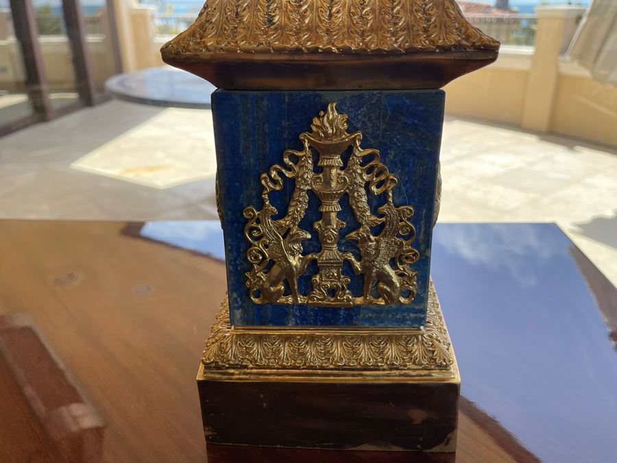 Pair Of Gilt Metal And Lapis Lazuli Decorative Urns With Figural Rams Head Decoration 12W X 27H [Photo 8]