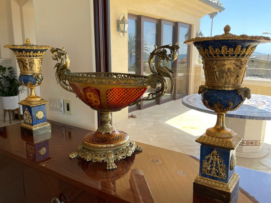 Pair Of Gilt Metal And Lapis Lazuli Decorative Urns With Figural Rams Head Decoration 12W X 27H [Photo 2]