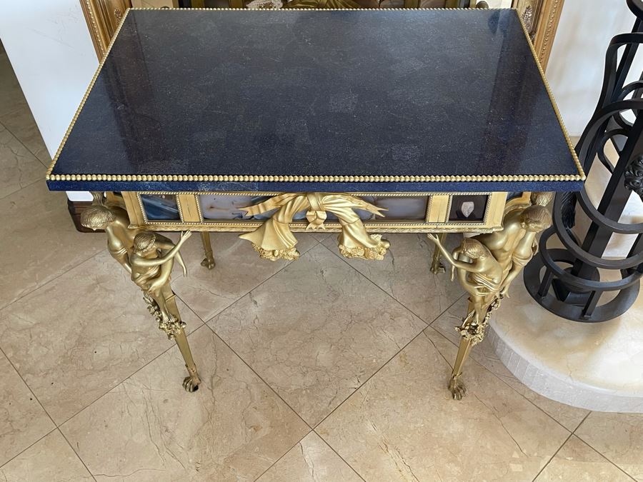Impressive European Table With Lapis Lazuli Top Surrounded By Agate Sides And Supported By Gilt Metal Man With Woman Figural Legs 37W X 26D X 32H [Photo 15]