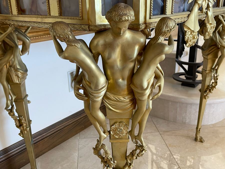 Impressive European Table With Lapis Lazuli Top Surrounded By Agate Sides And Supported By Gilt Metal Man With Woman Figural Legs 37W X 26D X 32H [Photo 3]