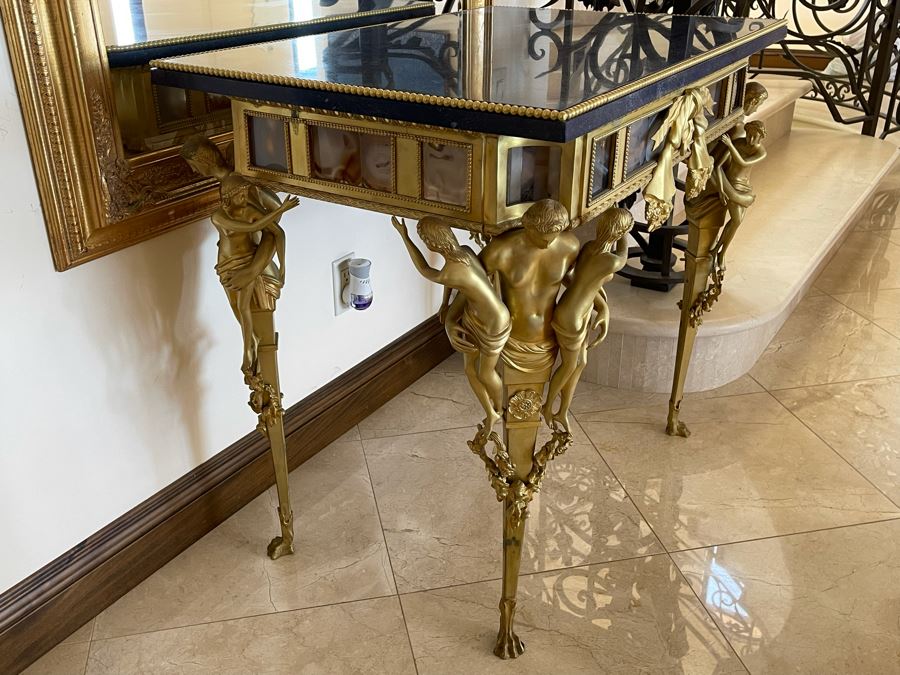 Impressive European Table With Lapis Lazuli Top Surrounded By Agate Sides And Supported By Gilt Metal Man With Woman Figural Legs 37W X 26D X 32H [Photo 10]