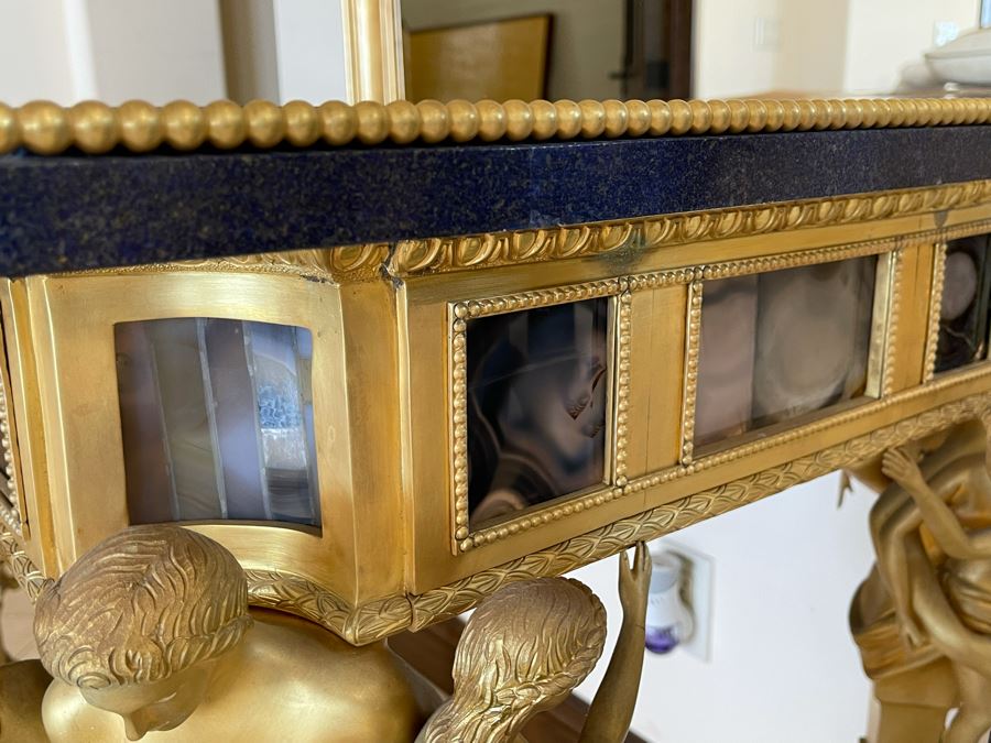 Impressive European Table With Lapis Lazuli Top Surrounded By Agate Sides And Supported By Gilt Metal Man With Woman Figural Legs 37W X 26D X 32H [Photo 12]