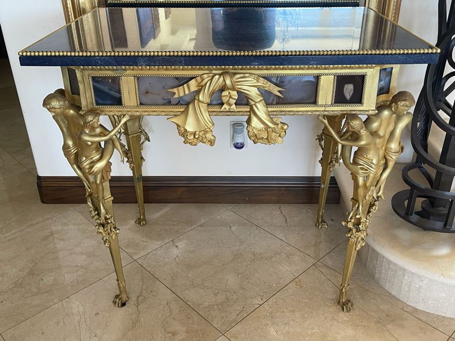 Impressive European Table With Lapis Lazuli Top Surrounded By Agate Sides And Supported By Gilt Metal Man With Woman Figural Legs 37W X 26D X 32H [Photo 16]