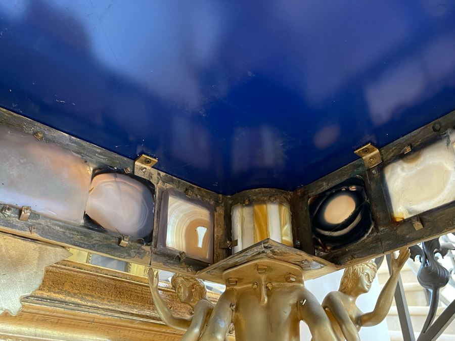 Impressive European Table With Lapis Lazuli Top Surrounded By Agate Sides And Supported By Gilt Metal Man With Woman Figural Legs 37W X 26D X 32H [Photo 18]