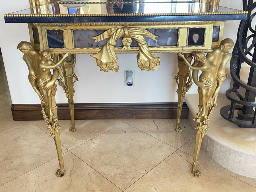 Impressive European Table With Lapis Lazuli Top Surrounded By Agate Sides And Supported By Gilt Metal Man With Woman Figural Legs 37W X 26D X 32H [Photo 8]
