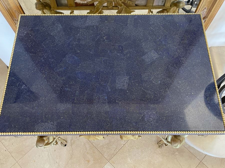 Impressive European Table With Lapis Lazuli Top Surrounded By Agate Sides And Supported By Gilt Metal Man With Woman Figural Legs 37W X 26D X 32H [Photo 5]