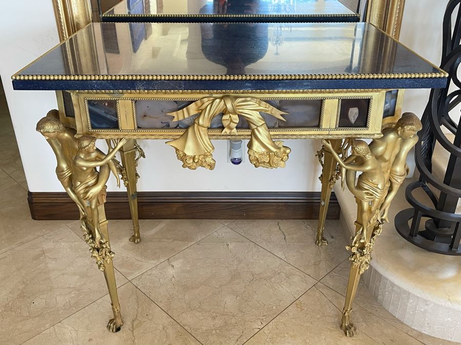 Impressive European Table With Lapis Lazuli Top Surrounded By Agate Sides And Supported By Gilt Metal Man With Woman Figural Legs 37W X 26D X 32H