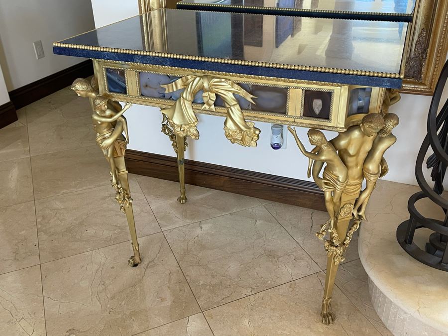Impressive European Table With Lapis Lazuli Top Surrounded By Agate Sides And Supported By Gilt Metal Man With Woman Figural Legs 37W X 26D X 32H [Photo 14]