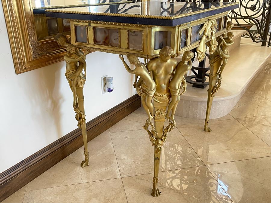 Impressive European Table With Lapis Lazuli Top Surrounded By Agate Sides And Supported By Gilt Metal Man With Woman Figural Legs 37W X 26D X 32H [Photo 9]