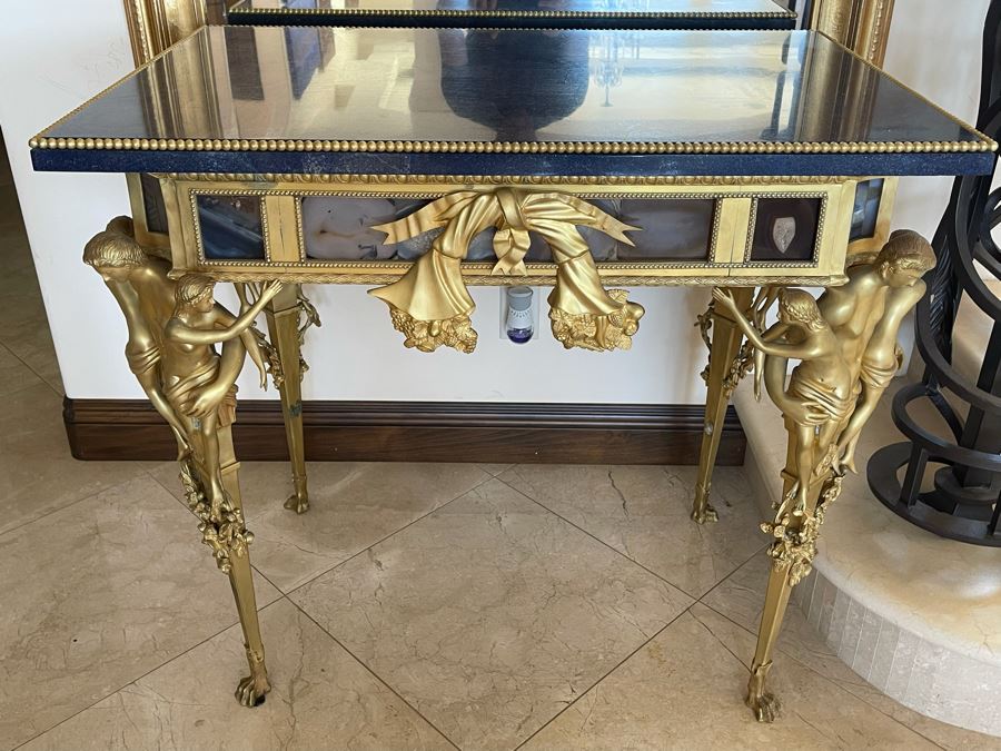 Impressive European Table With Lapis Lazuli Top Surrounded By Agate Sides And Supported By Gilt Metal Man With Woman Figural Legs 37W X 26D X 32H [Photo 6]