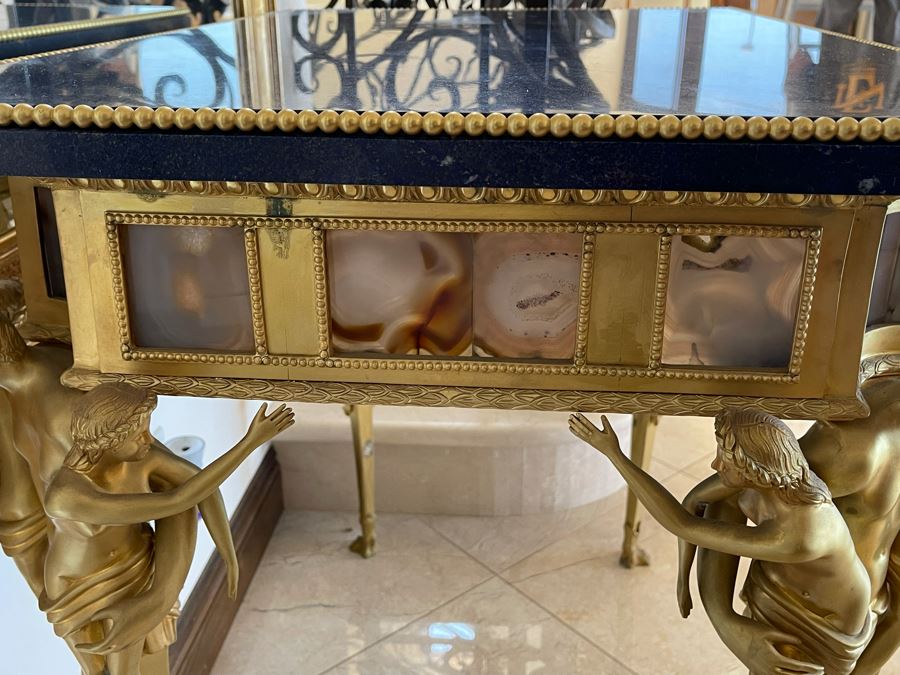Impressive European Table With Lapis Lazuli Top Surrounded By Agate Sides And Supported By Gilt Metal Man With Woman Figural Legs 37W X 26D X 32H [Photo 4]