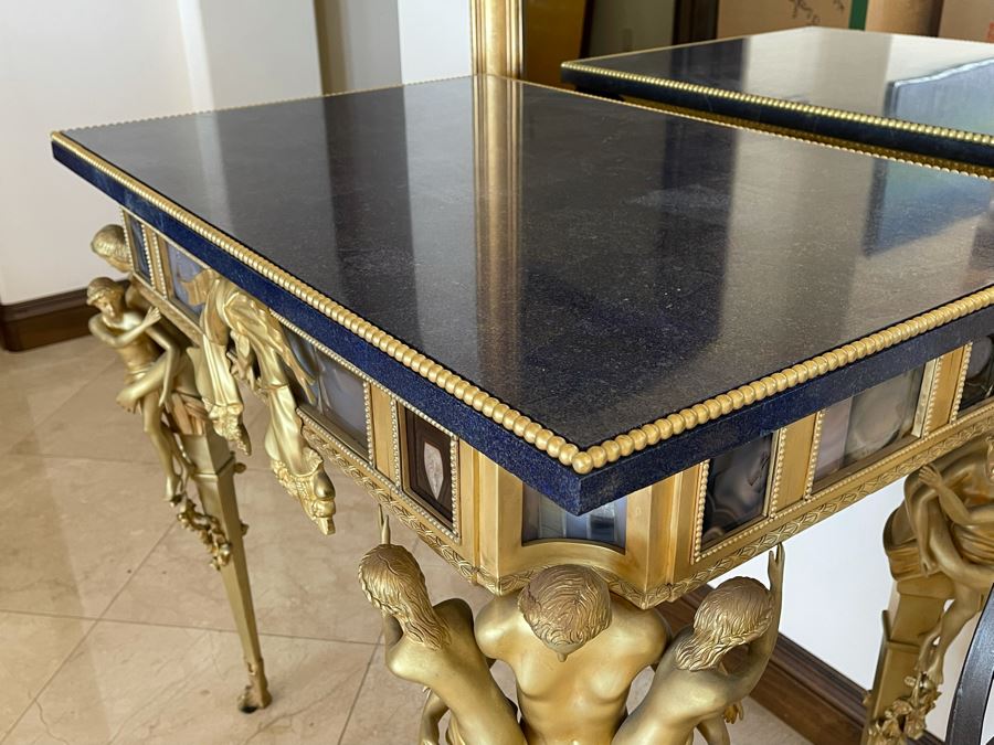 Impressive European Table With Lapis Lazuli Top Surrounded By Agate Sides And Supported By Gilt Metal Man With Woman Figural Legs 37W X 26D X 32H [Photo 13]