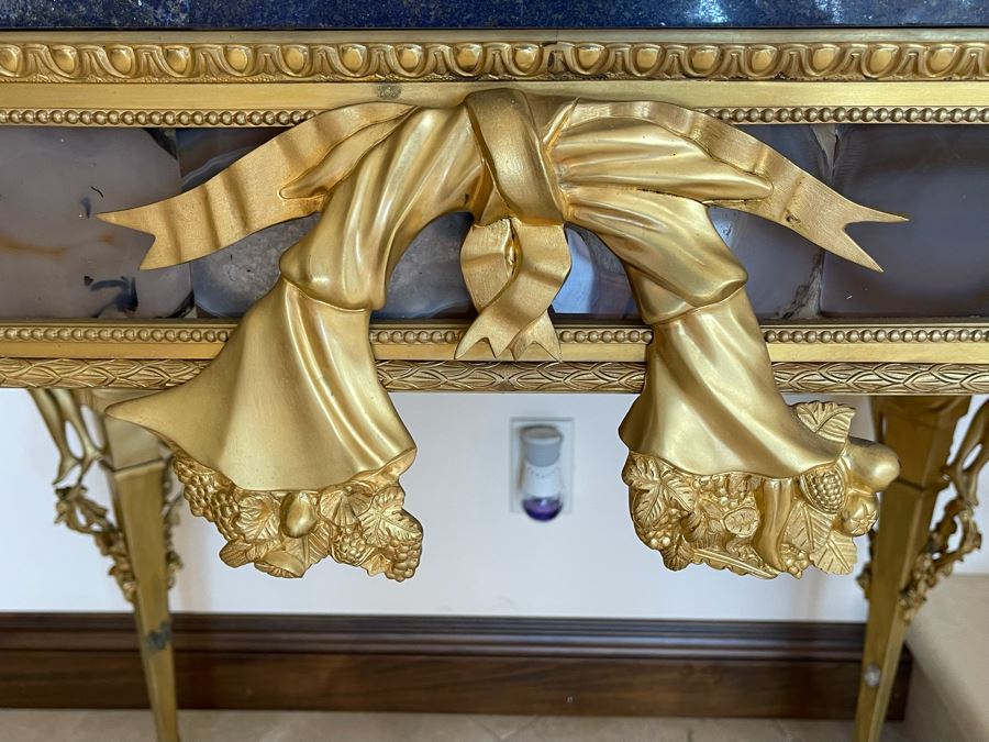 Impressive European Table With Lapis Lazuli Top Surrounded By Agate Sides And Supported By Gilt Metal Man With Woman Figural Legs 37W X 26D X 32H [Photo 17]
