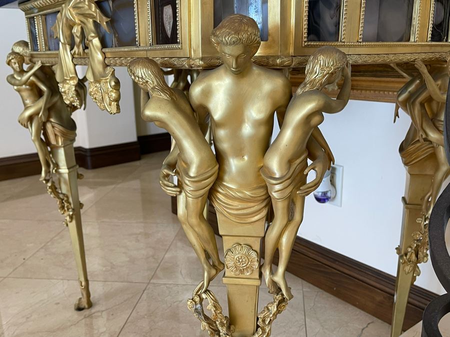 Impressive European Table With Lapis Lazuli Top Surrounded By Agate Sides And Supported By Gilt Metal Man With Woman Figural Legs 37W X 26D X 32H [Photo 11]