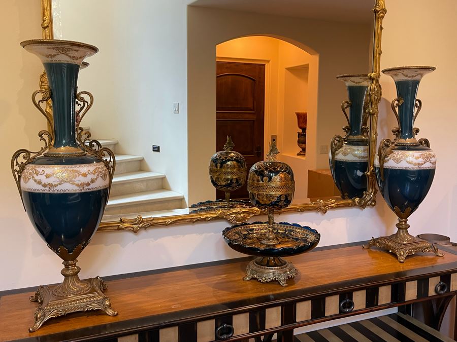 JUST ADDED - Pair Of Decorative Painted Glass And Metal Footed Vases (Doesn't Include Centerpiece In Middle Of Photo - Note That Paint Is Chipped In Areas) 11W X 31H [Photo 4]