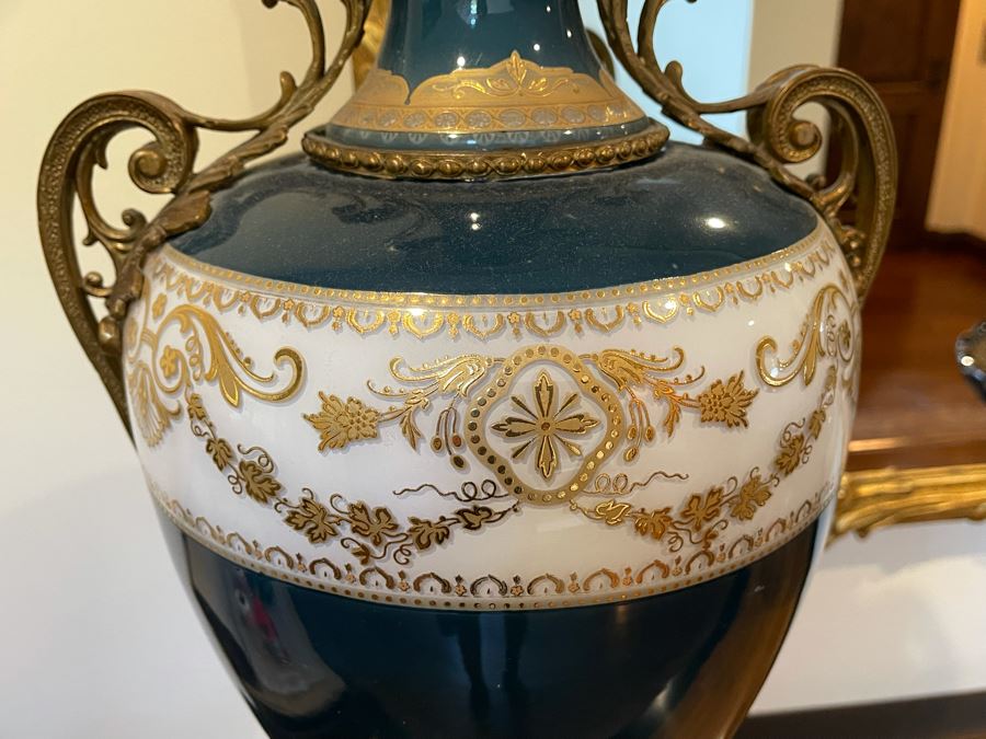 JUST ADDED - Pair Of Decorative Painted Glass And Metal Footed Vases (Doesn't Include Centerpiece In Middle Of Photo - Note That Paint Is Chipped In Areas) 11W X 31H [Photo 7]