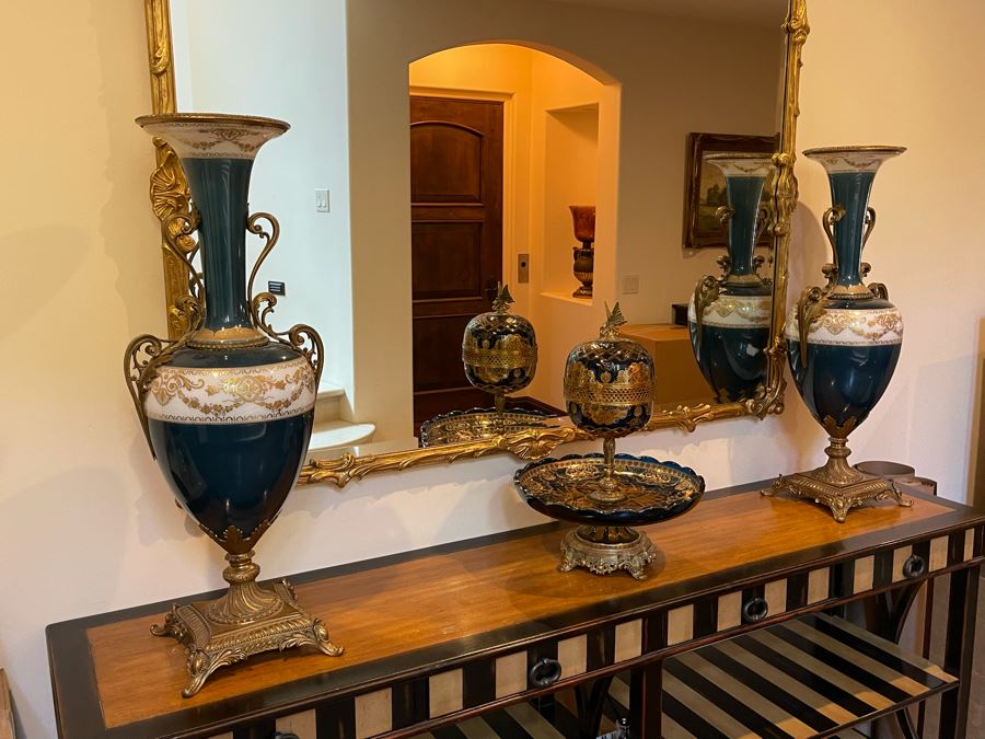 JUST ADDED - Pair Of Decorative Painted Glass And Metal Footed Vases (Doesn't Include Centerpiece In Middle Of Photo - Note That Paint Is Chipped In Areas) 11W X 31H [Photo 2]