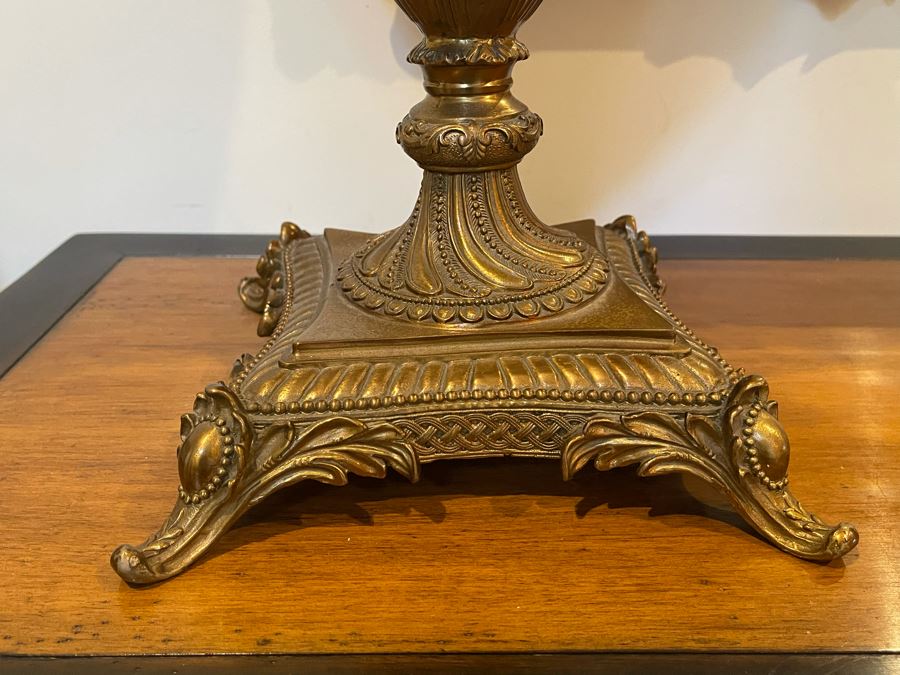 JUST ADDED - Pair Of Decorative Painted Glass And Metal Footed Vases (Doesn't Include Centerpiece In Middle Of Photo - Note That Paint Is Chipped In Areas) 11W X 31H [Photo 8]