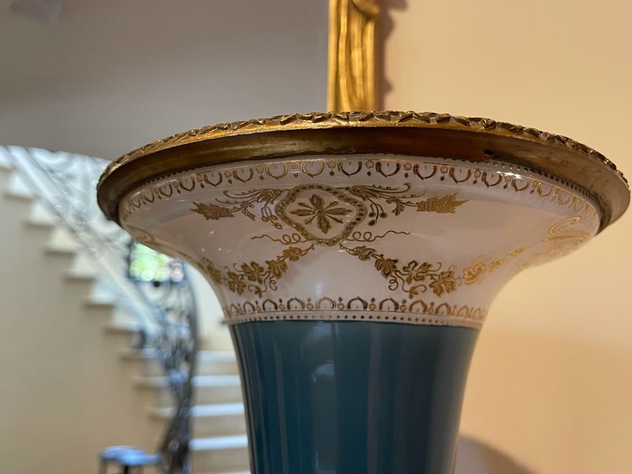 JUST ADDED - Pair Of Decorative Painted Glass And Metal Footed Vases (Doesn't Include Centerpiece In Middle Of Photo - Note That Paint Is Chipped In Areas) 11W X 31H [Photo 13]