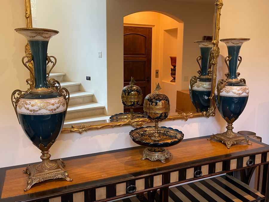 JUST ADDED - Pair Of Decorative Painted Glass And Metal Footed Vases (Doesn't Include Centerpiece In Middle Of Photo - Note That Paint Is Chipped In Areas) 11W X 31H [Photo 3]