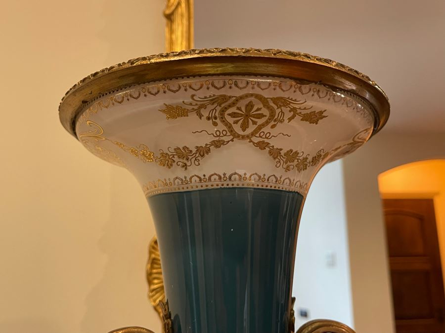 JUST ADDED - Pair Of Decorative Painted Glass And Metal Footed Vases (Doesn't Include Centerpiece In Middle Of Photo - Note That Paint Is Chipped In Areas) 11W X 31H [Photo 9]