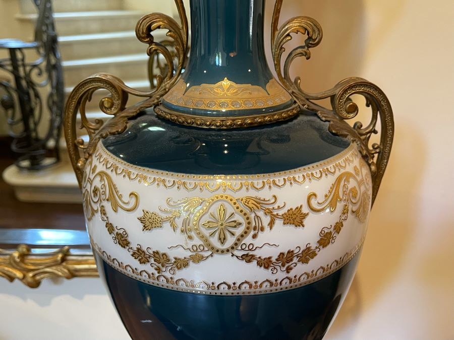 JUST ADDED - Pair Of Decorative Painted Glass And Metal Footed Vases (Doesn't Include Centerpiece In Middle Of Photo - Note That Paint Is Chipped In Areas) 11W X 31H [Photo 11]