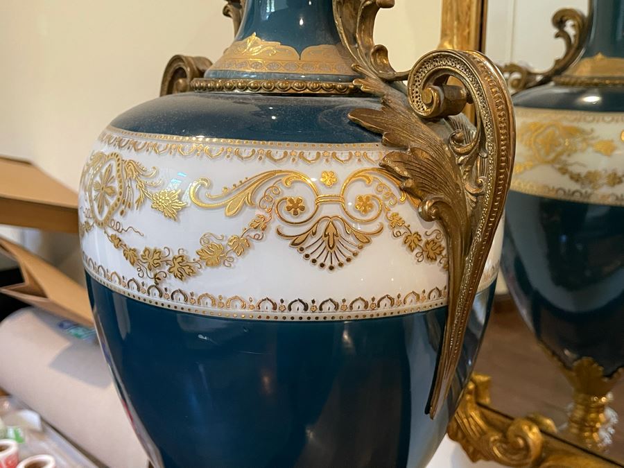 JUST ADDED - Pair Of Decorative Painted Glass And Metal Footed Vases (Doesn't Include Centerpiece In Middle Of Photo - Note That Paint Is Chipped In Areas) 11W X 31H [Photo 14]