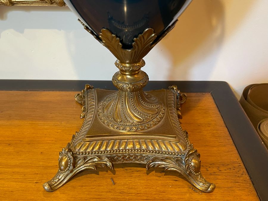 JUST ADDED - Pair Of Decorative Painted Glass And Metal Footed Vases (Doesn't Include Centerpiece In Middle Of Photo - Note That Paint Is Chipped In Areas) 11W X 31H [Photo 12]