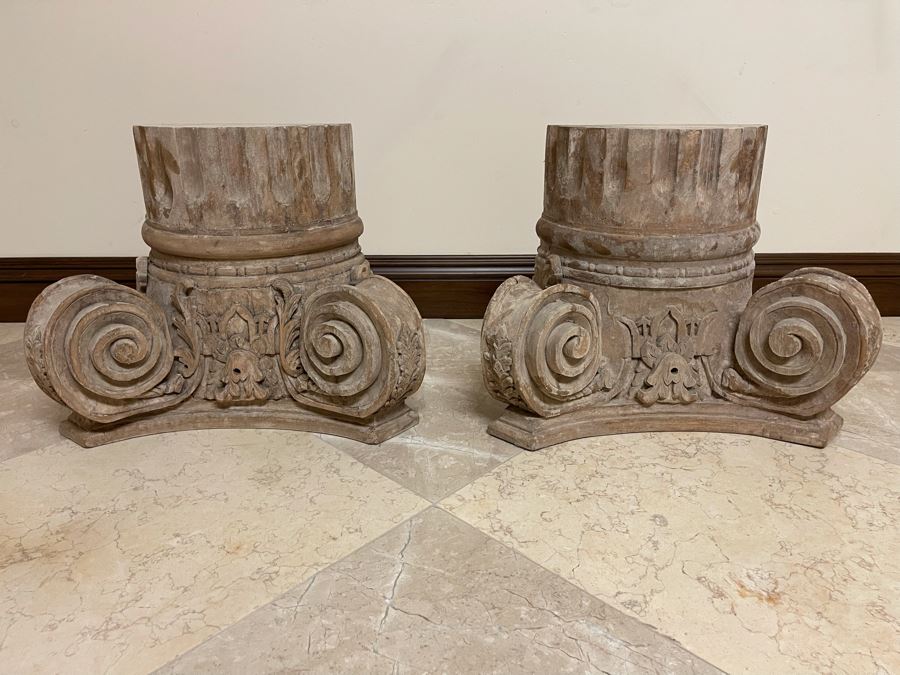 Pair Of Restoration Hardware Ionic Capital Decorative Wall Carving Columns 21W X 10D X 16H Retails $738 [Photo 1]