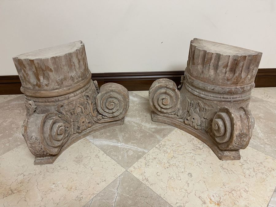 Pair Of Restoration Hardware Ionic Capital Decorative Wall Carving Columns 21W X 10D X 16H Retails $738 [Photo 5]
