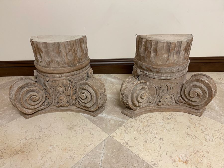 Pair Of Restoration Hardware Ionic Capital Decorative Wall Carving Columns 21W X 10D X 16H Retails $738 [Photo 3]