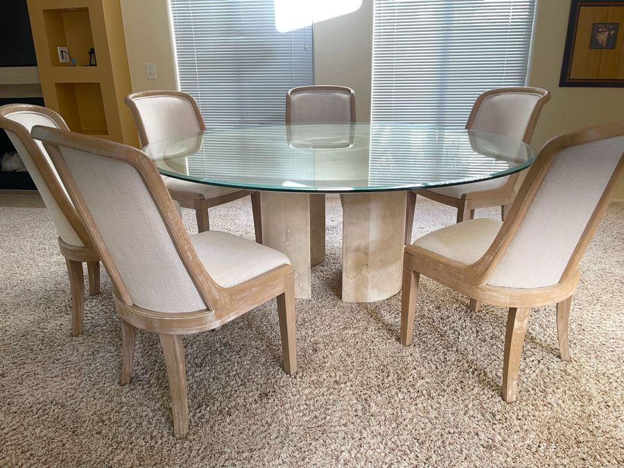 Travertine Marble Top And Base Dining Table With Glass Top And Six Chairs - Travertine 5'R - Glass Top 6'R - 29.5H [Photo 6]