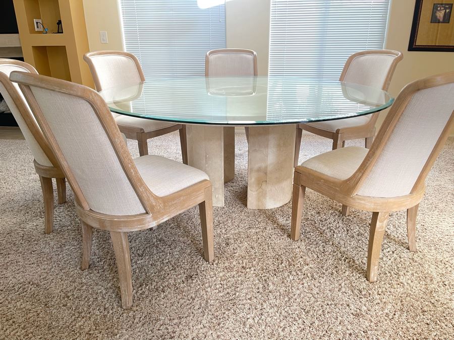 Travertine Marble Top And Base Dining Table With Glass Top And Six Chairs - Travertine 5'R - Glass Top 6'R - 29.5H [Photo 1]