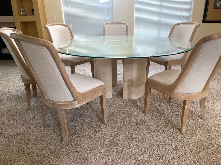 Travertine Marble Top And Base Dining Table With Glass Top And Six Chairs - Travertine 5'R - Glass Top 6'R - 29.5H [Photo 2]