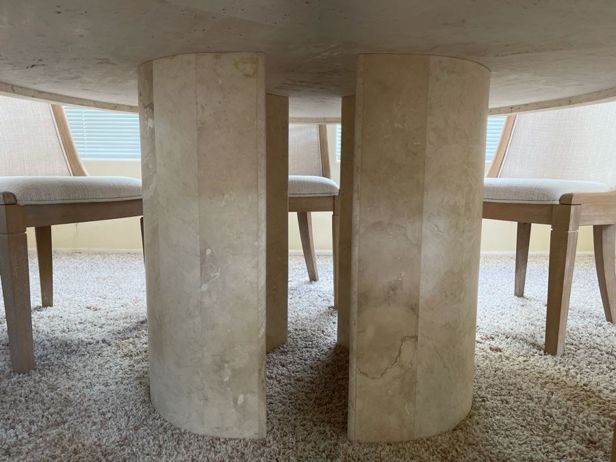 Travertine Marble Top And Base Dining Table With Glass Top And Six Chairs - Travertine 5'R - Glass Top 6'R - 29.5H [Photo 10]