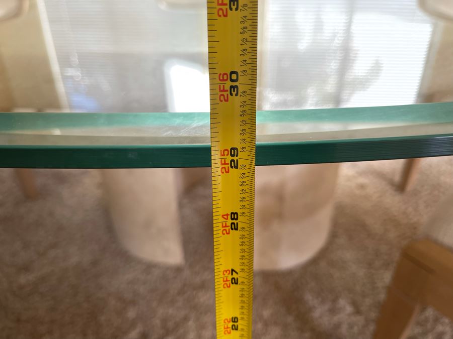 Travertine Marble Top And Base Dining Table With Glass Top And Six Chairs - Travertine 5'R - Glass Top 6'R - 29.5H [Photo 11]