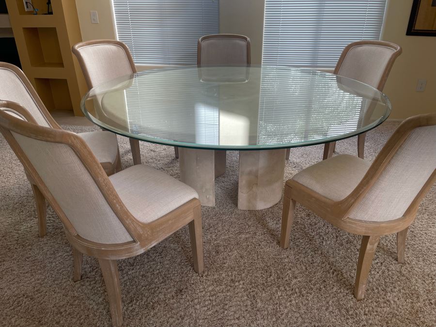 Travertine Marble Top And Base Dining Table With Glass Top And Six Chairs - Travertine 5'R - Glass Top 6'R - 29.5H [Photo 4]