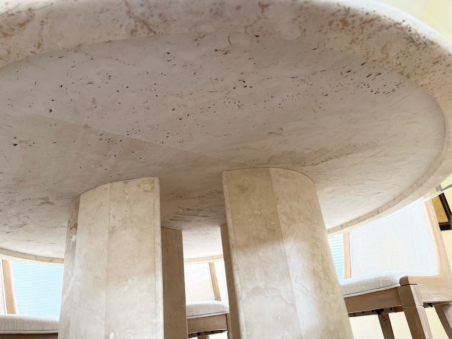 Travertine Marble Top And Base Dining Table With Glass Top And Six Chairs - Travertine 5'R - Glass Top 6'R - 29.5H [Photo 8]