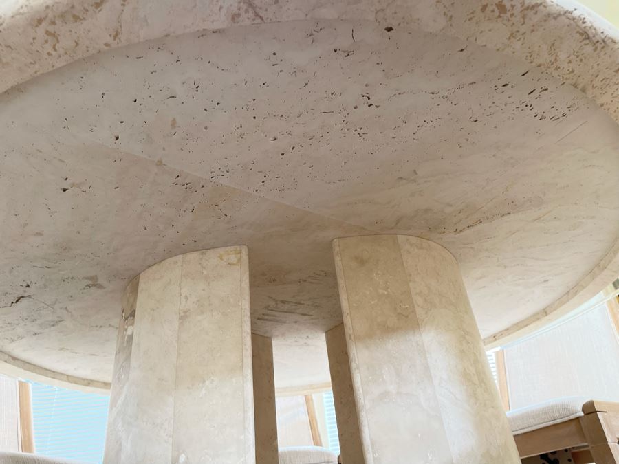 Travertine Marble Top And Base Dining Table With Glass Top And Six Chairs - Travertine 5'R - Glass Top 6'R - 29.5H [Photo 9]