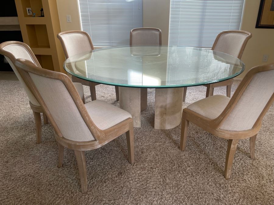 Travertine Marble Top And Base Dining Table With Glass Top And Six Chairs - Travertine 5'R - Glass Top 6'R - 29.5H [Photo 5]