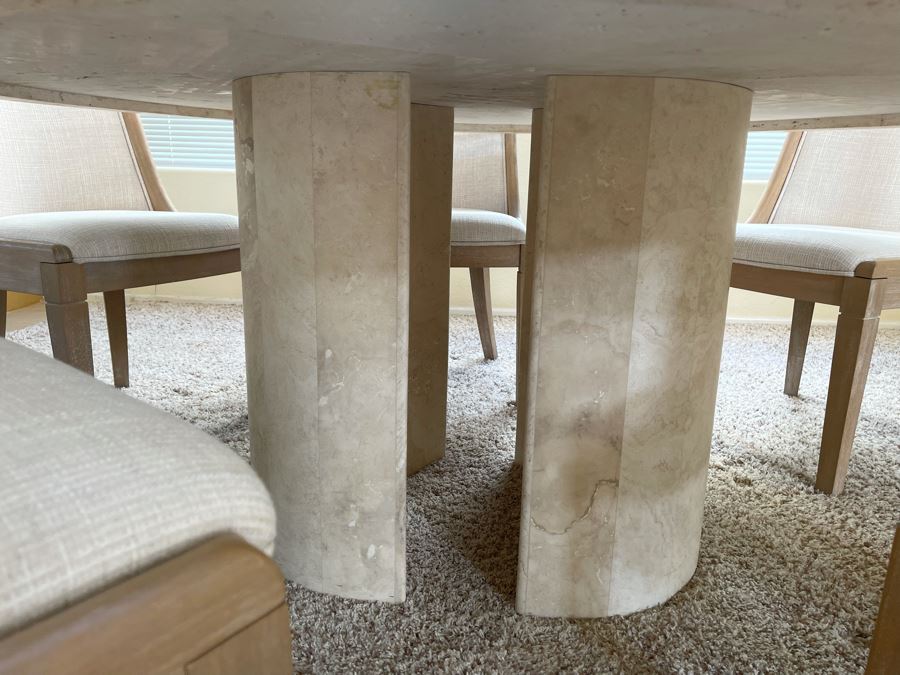 Travertine Marble Top And Base Dining Table With Glass Top And Six Chairs - Travertine 5'R - Glass Top 6'R - 29.5H [Photo 7]