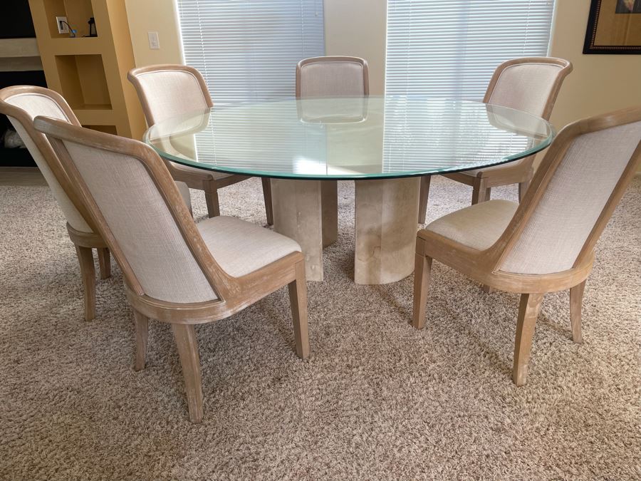 Travertine Marble Top And Base Dining Table With Glass Top And Six Chairs - Travertine 5'R - Glass Top 6'R - 29.5H [Photo 3]