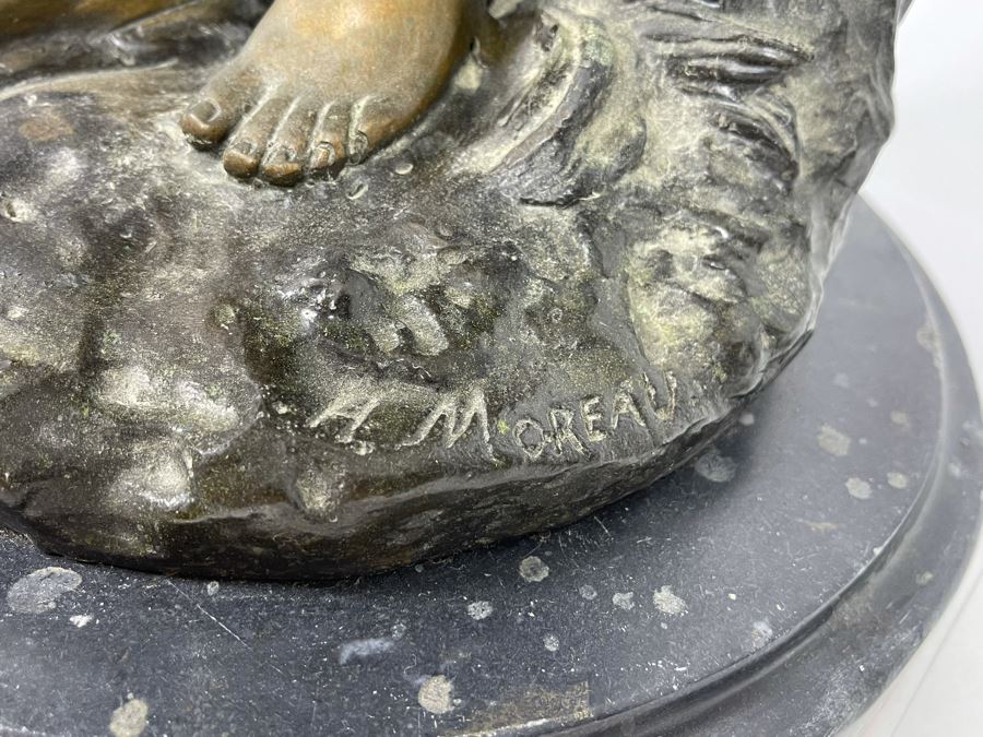 Vintage H. Moreau Bronze Table Lamp With Marble Base Titled 'Standing Mandolin Woman' Hippolyte Moreau 12W X 30H Heavy [Photo 8]